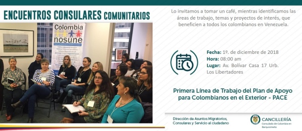 El Consulado de Colombia en Barquisimeto invita al encuentro consular comunitario, el 1 de diciembre de 2018